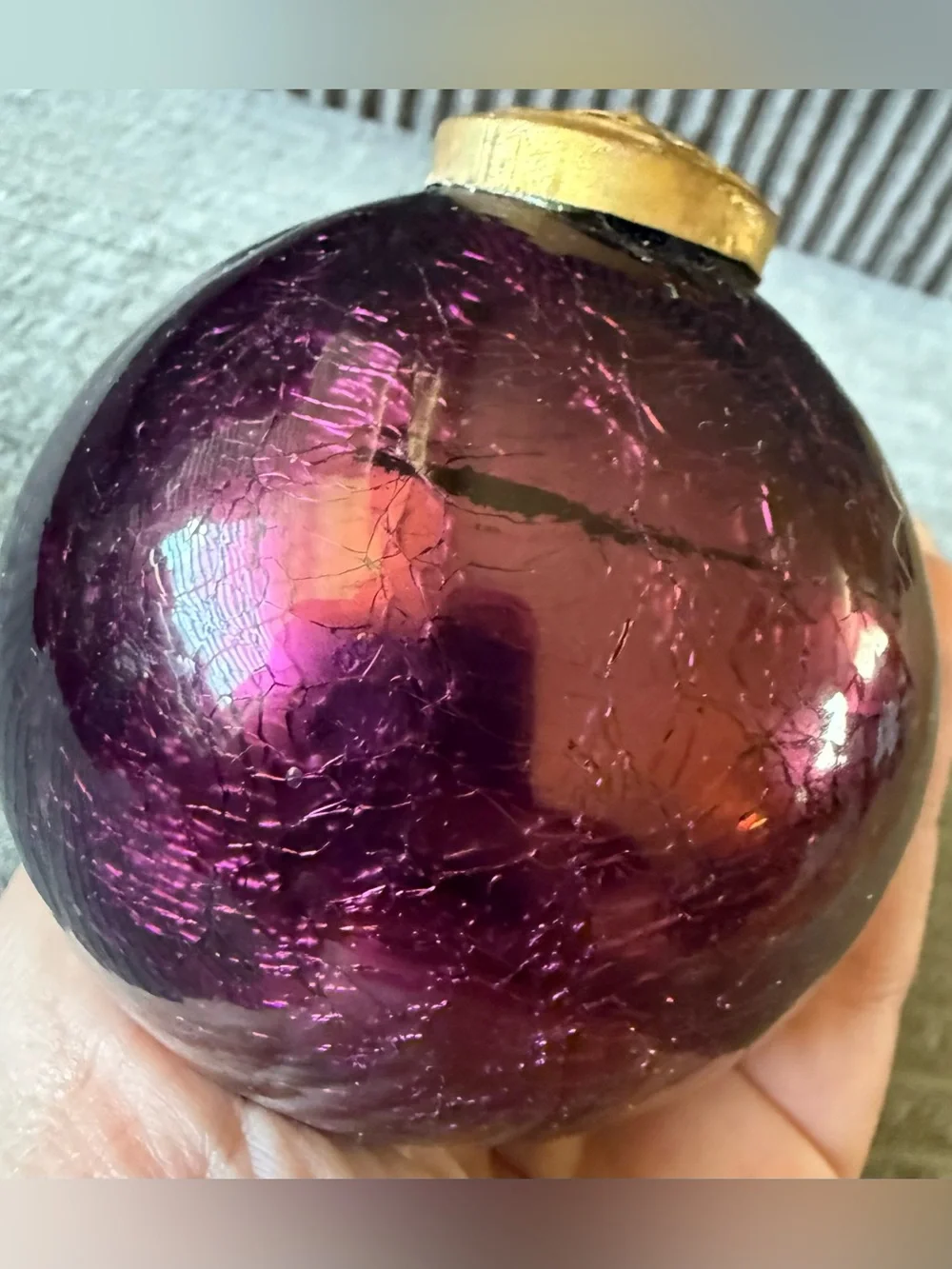 Vintage Purple Crackle Glass Holiday Ornament with Gold Cap Kugel Style